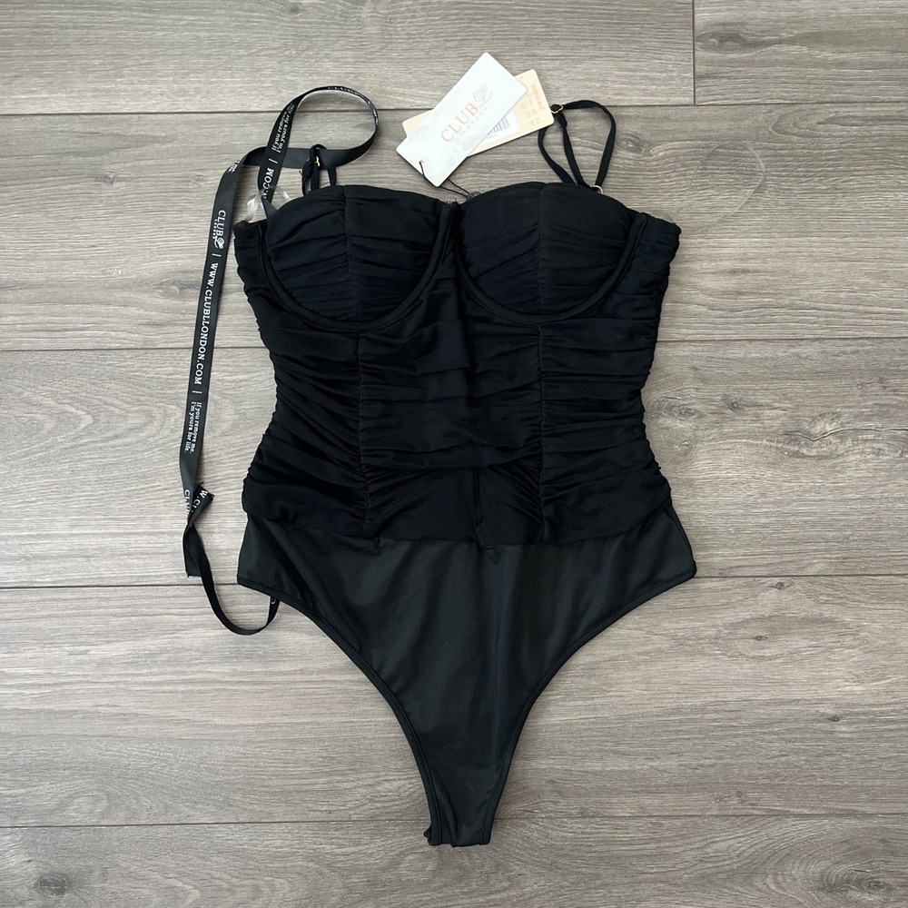 CLUBL Black Ruched Cup Detail Cami Bodysuit Women's UK 12 US 8 Black